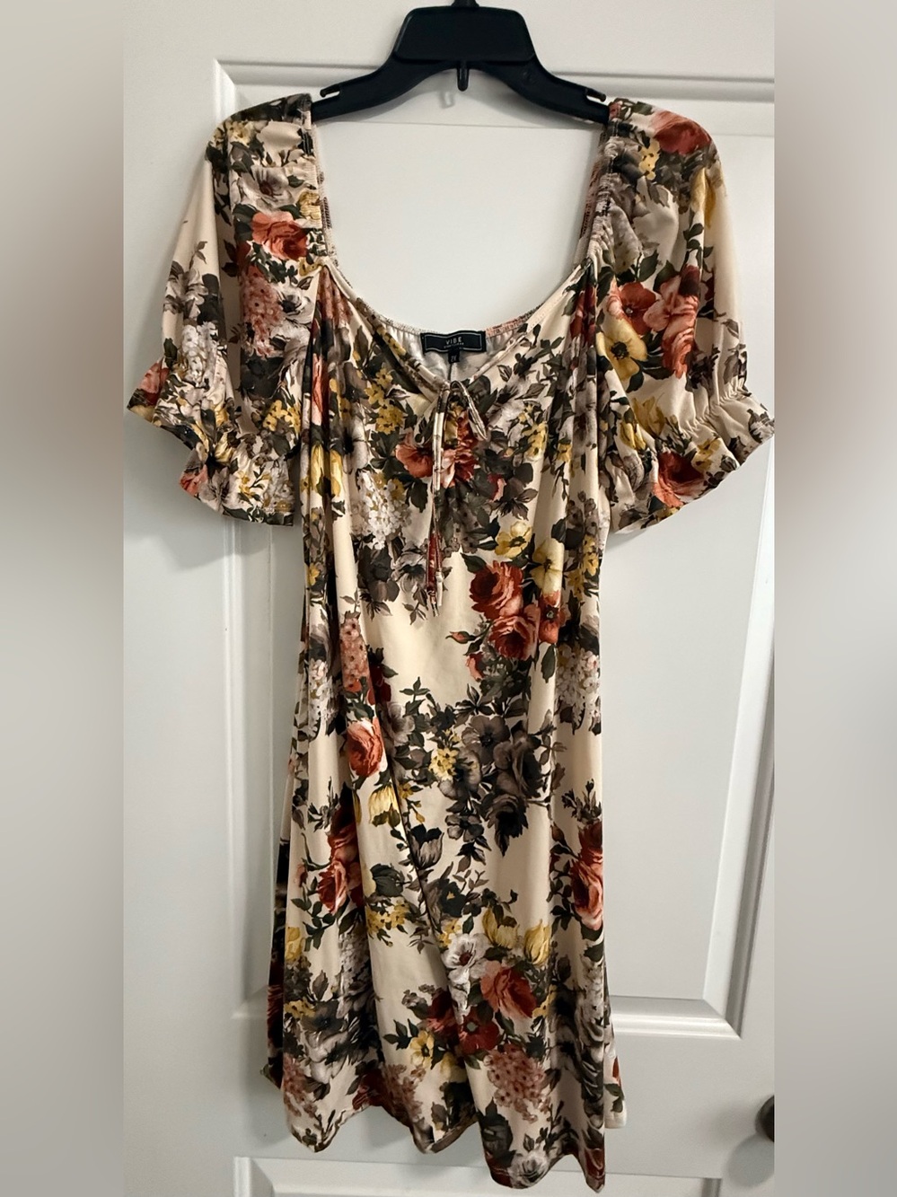 Vibe Beige Floral Midi Dress with Rust, Mustard and Olive Print